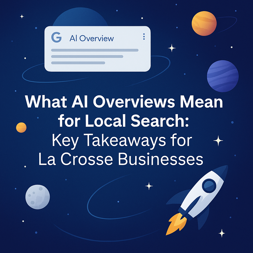Illustration of planets, stars, and a rocket in space. Text reads: "What AI Overviews Mean for Local Search: Key Takeaways for La Crosse Businesses," with a search bar labeled "AI Overview" above.