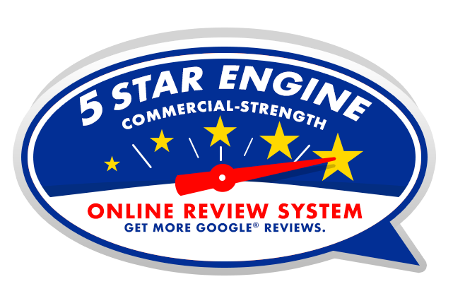 Blue and white badge with five yellow stars, a red gauge needle pointing to the fifth star, and text: "5 Star Engine Commercial-Strength Online Review System. Get More Google Reviews.