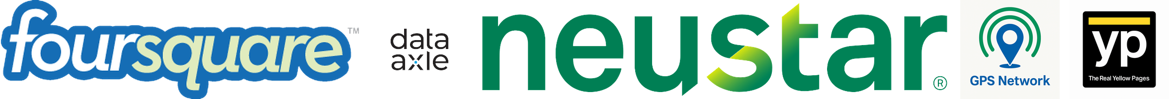 Logos for Foursquare, Data Axle, Neustar, and YP (Yellow Pages) are displayed in a horizontal row on a white background.
