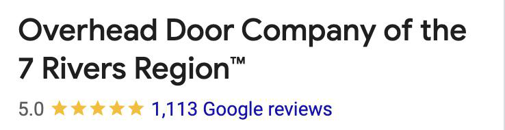 Logo text for Overhead Door Company of the 7 Rivers Region with a 5-star rating and 1,113 Google reviews.