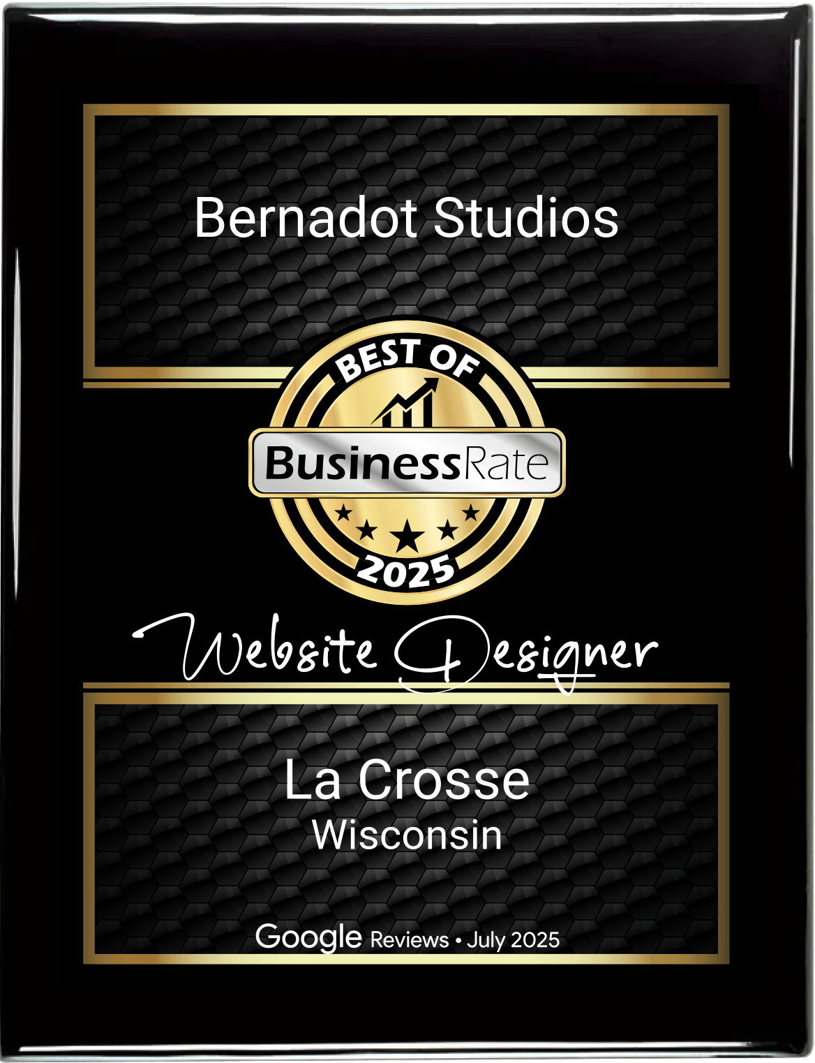 Best of BusinessRate 2025 Website Designer award plaque for Bernadot Studios, La Crosse, Wisconsin