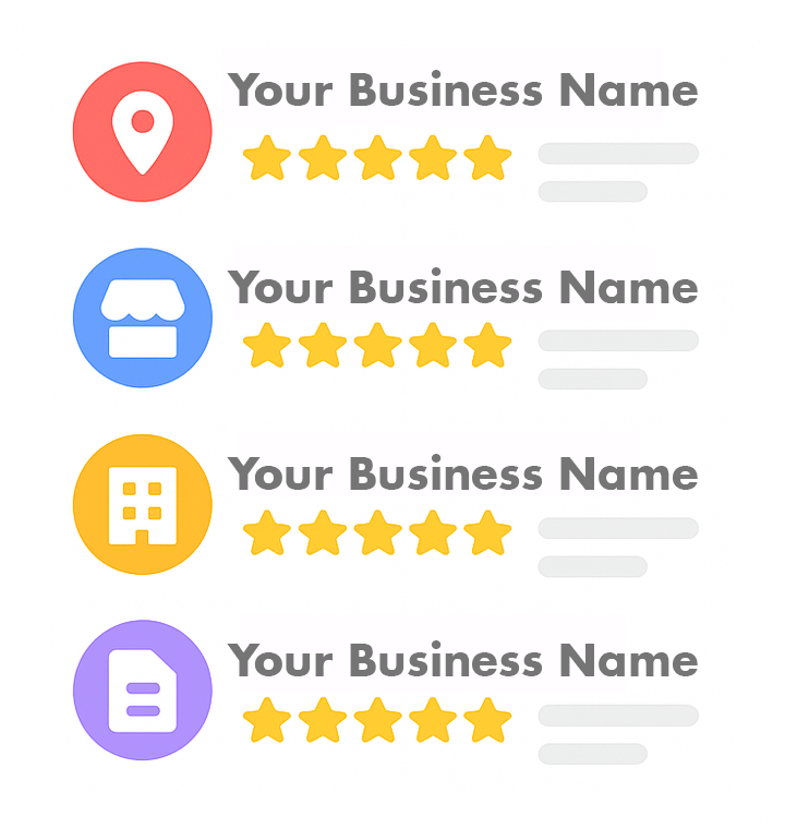 Illustration showing four business listings, each with a different icon, "Your Business Name," five gold stars, and gray lines indicating customer reviews or ratings. Icons include a location pin, storefront, building, and document.