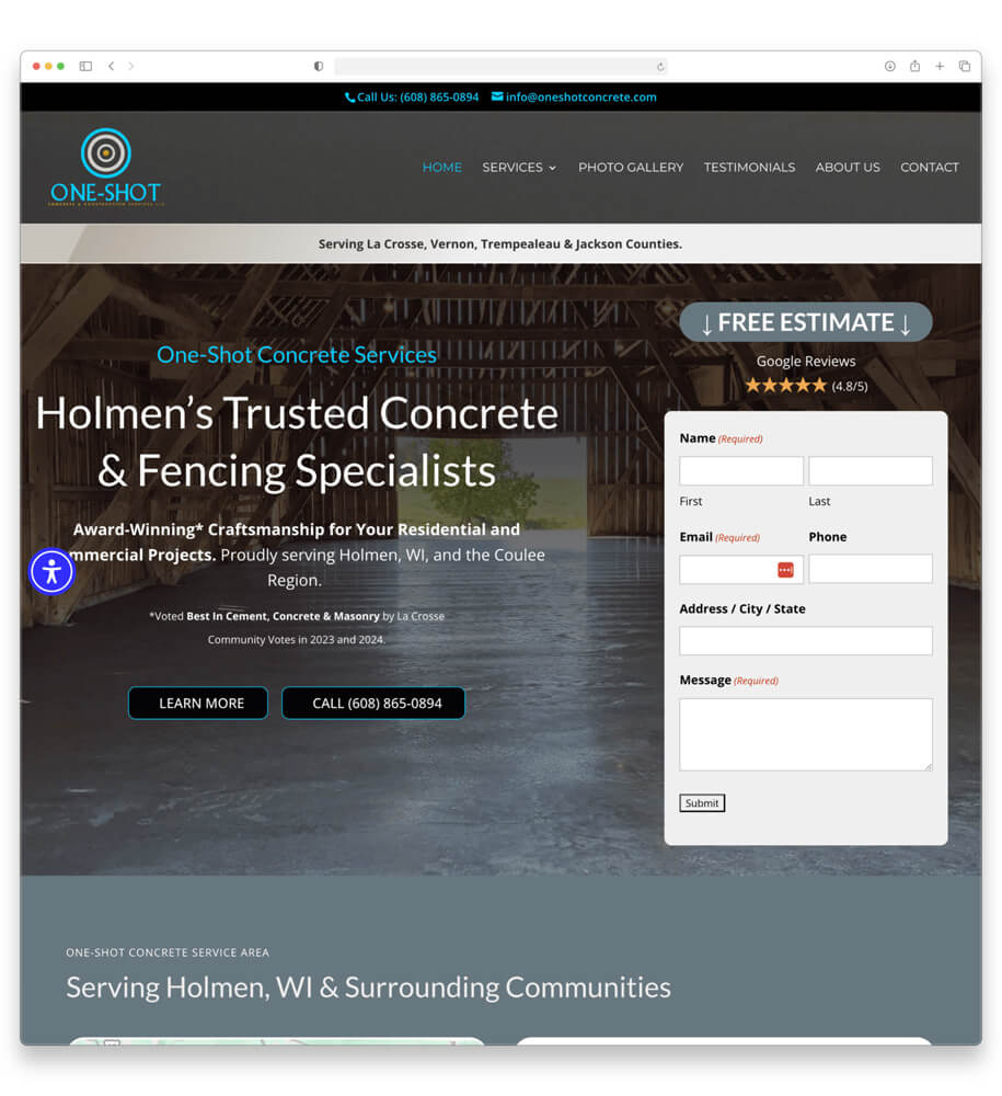 One-Shot Concrete Services website with a free estimate form and Google reviews rating
