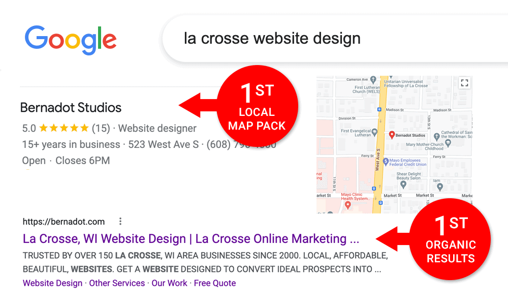 Bernadot Studios Ranks First in Google Local results for La Crosse Website Design