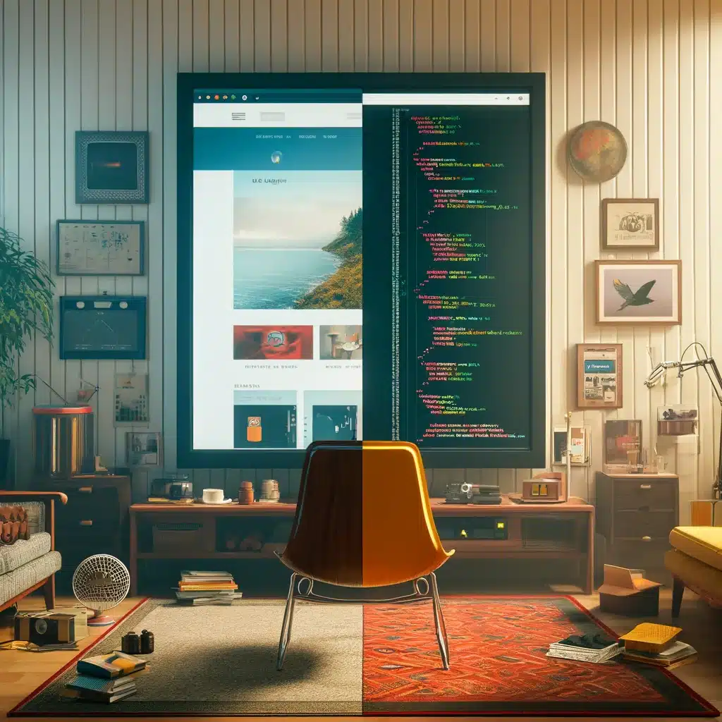 A modern workspace split in half, one side showing web design with images and the other side displaying website code, a yellow chair sits in front, surrounded by shelves, decorations, and plants in a cozy room.