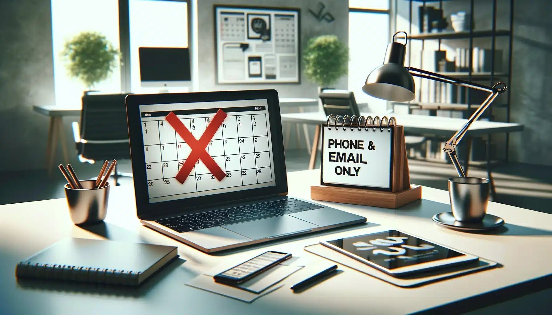 A computer screen with a red x over the calendar and a desk note saying phone and email only