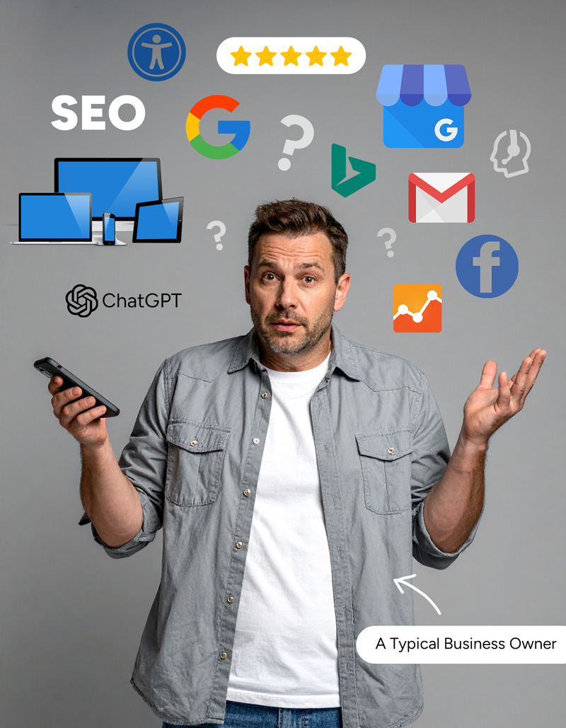 Happy business owner celebrating high rankings on Google