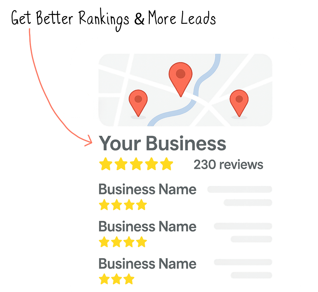 A graphic showing a map with location pins and a business listing with five-star ratings and reviews, accompanied by the handwritten text "Get Better Rankings" and an arrow pointing to the listing.