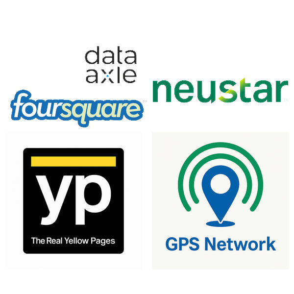 A collage of six company logos: Data Axle, Neustar, Foursquare, Yellow Pages (YP), and GPS Network, each displayed on a white background.