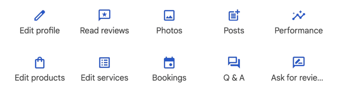 A grid of ten blue icons with labels: Edit profile, Read reviews, Photos, Posts, Performance, Edit products, Edit services, Bookings, Q&A, Ask for review. The icons represent business management options.