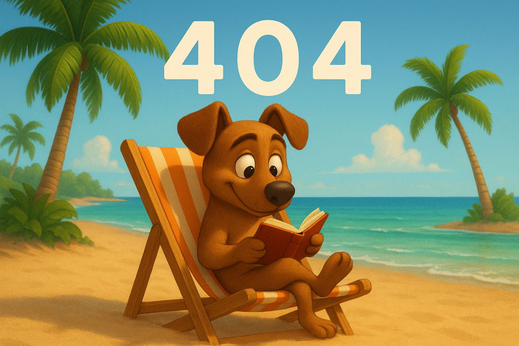 A cartoon dog relaxes on a striped beach chair reading a book on a sandy tropical beach, with palm trees and the ocean in the background. Large "404" text appears above the dog.