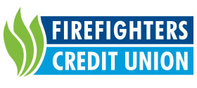 Logo for Firefighters Credit Union featuring three green stylized flames on the left and bold white text on blue background reading “Firefighters Credit Union.”.