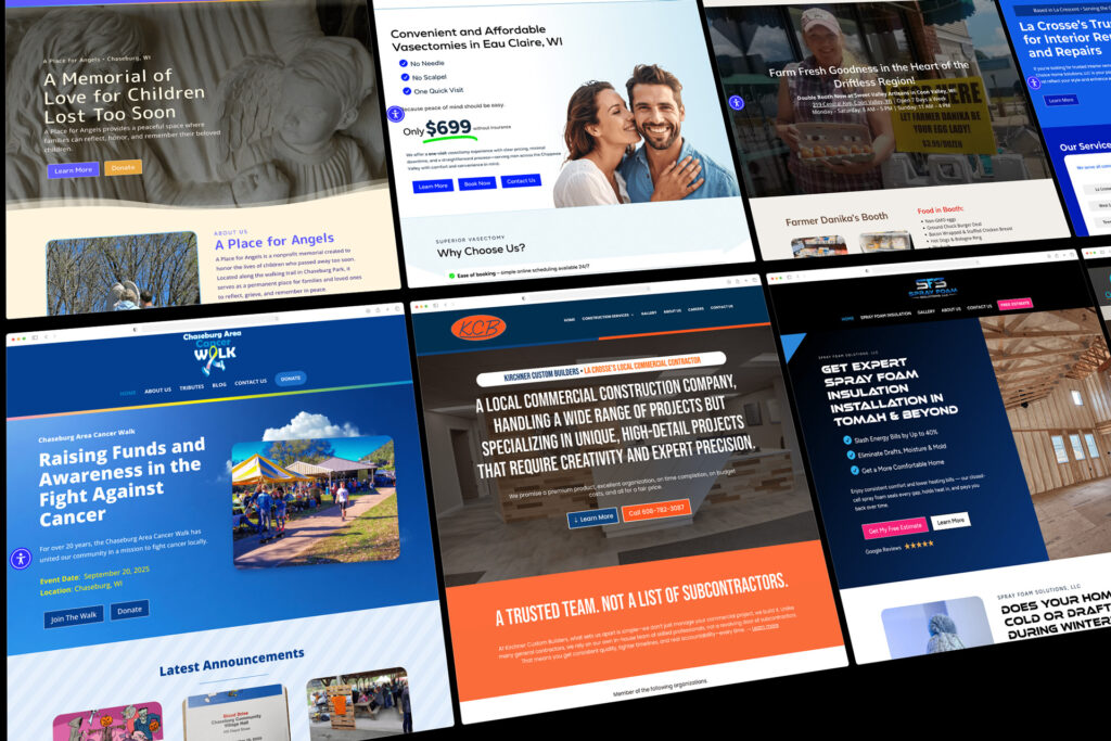 A grid of website homepages displayed at an angle, featuring various designs, text, and images, showcasing diverse services and content, including finance, healthcare, and community organizations.