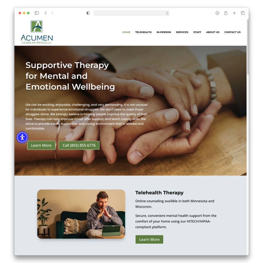 Screenshot of a counseling website showing two people holding hands, text about supportive therapy, a green “Call” button, and a section below highlighting telehealth therapy with an image of a man using a laptop.