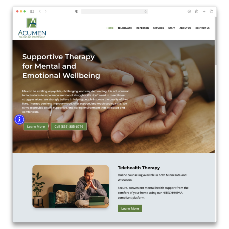 Screenshot of a counseling website showing two people holding hands, text about supportive therapy, a green “Call” button, and a section below highlighting telehealth therapy with an image of a man using a laptop. — Website Design in Winona, MN