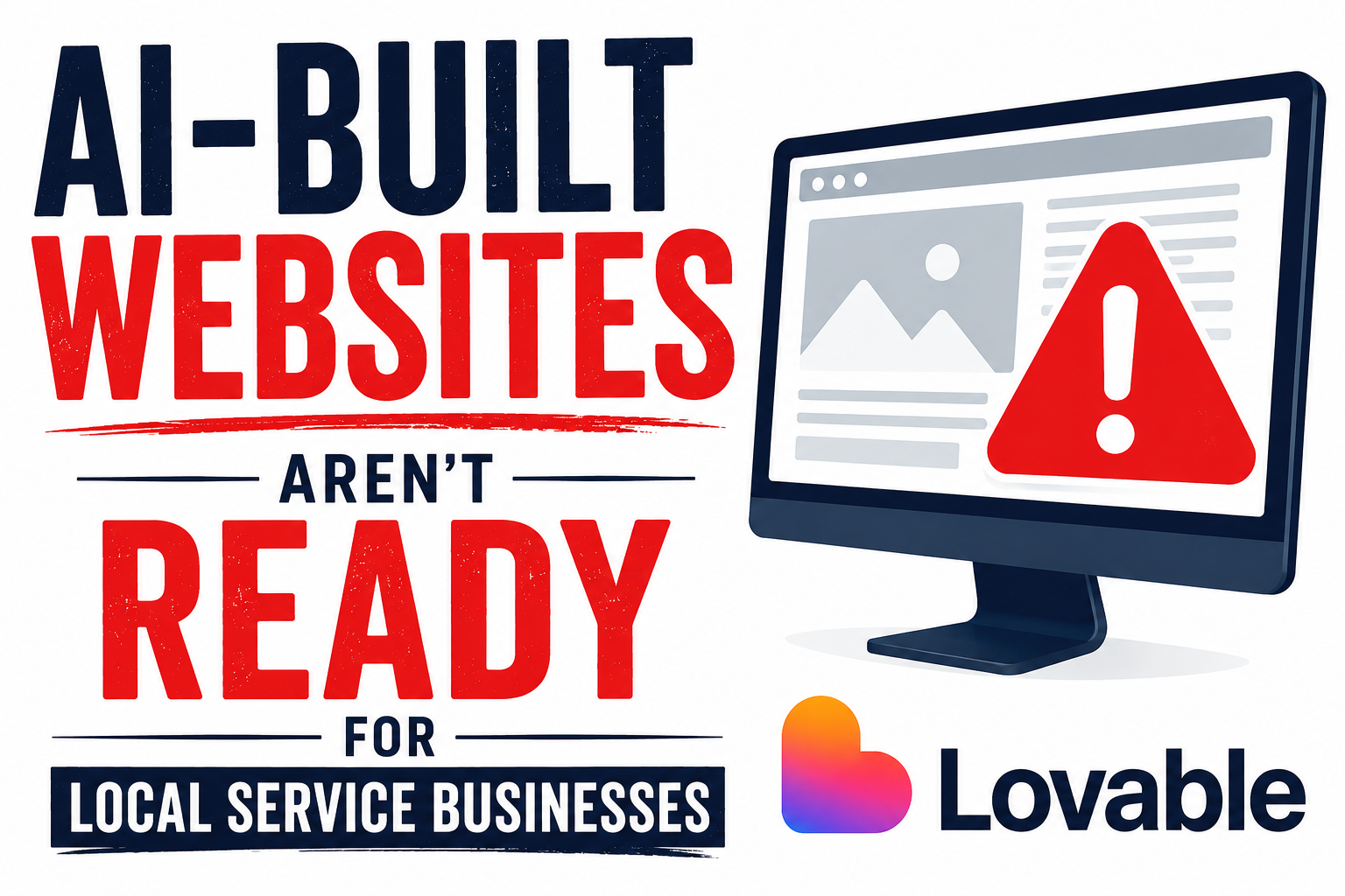 Graphic with the text “AI Websites Aren’t Ready for Local Service Businesses” next to an illustration of a computer displaying a warning sign, plus the Lovable logo featuring a heart.
