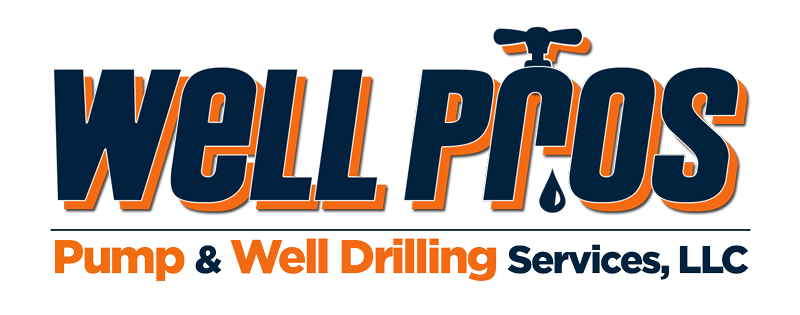 Logo for "Well Pros Pump & Well Drilling Services, LLC" with a faucet forming the "R" in "PROS" and a water droplet below; text colors are navy blue and orange.