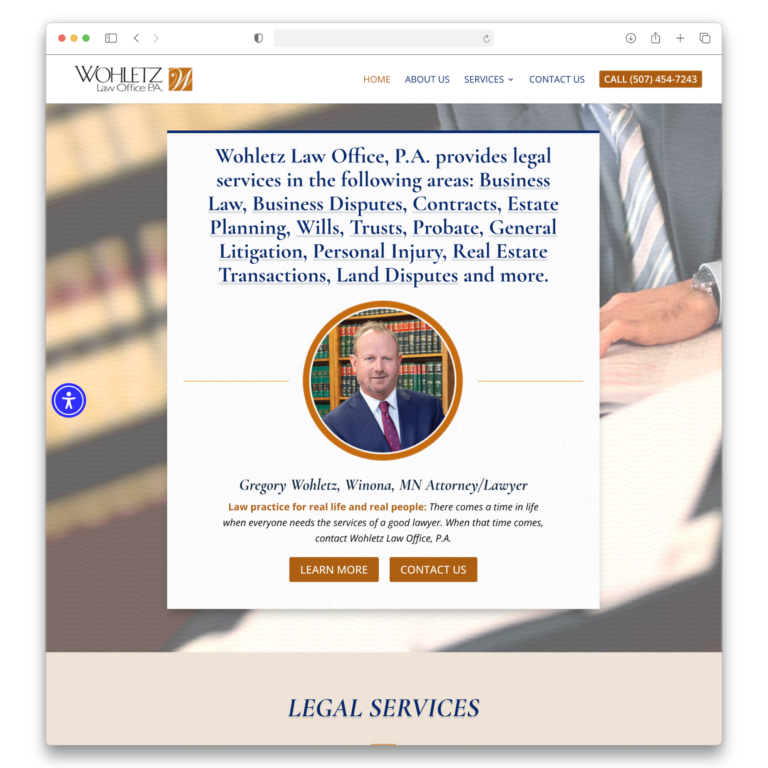 Screenshot of a law office website showing a lawyer’s photo, firm name, legal services offered, and buttons to learn more or contact. The top menu includes About, Services, and Contact options, with a call button on the right. — Website Design in Winona, MN