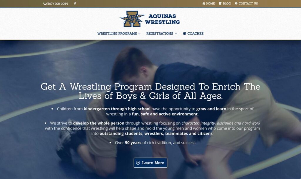 Aquinas Wrestling website homepage designed by Bernadot Studios