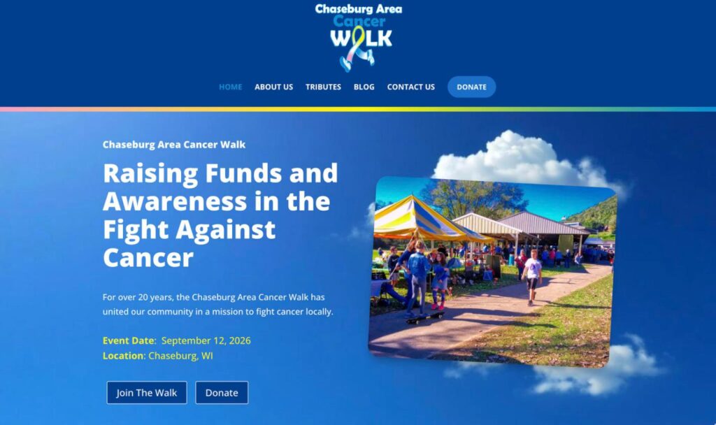 Chaseburg Area Cancer Walk website homepage designed by Bernadot Studios