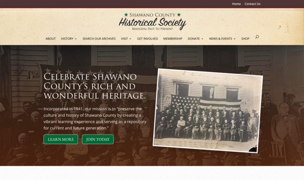 Shawano County Historical Society website homepage designed by Bernadot Studios